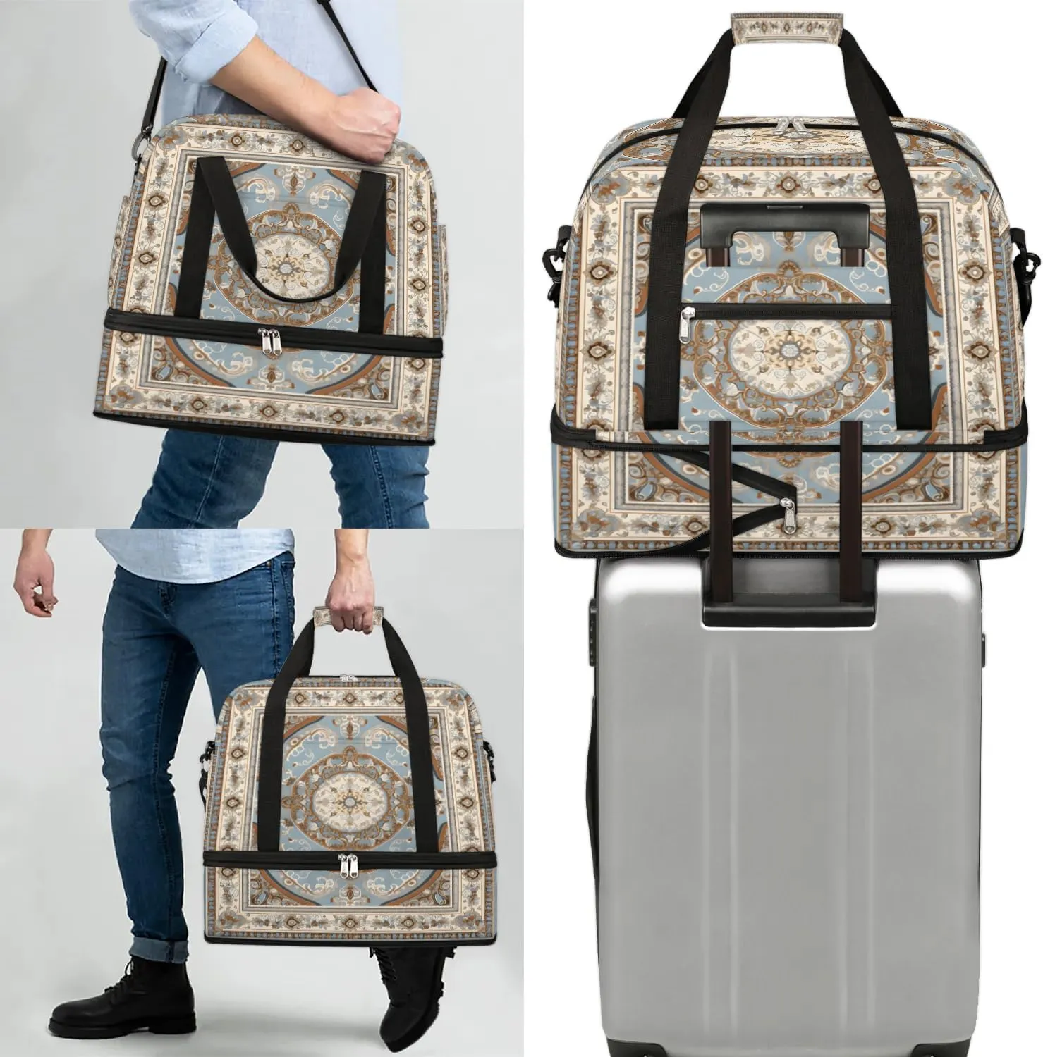 Abstract Prints Boho Flora Travel Duffle Bag, Collapsible Travel Bag Sports Gym Bag With Shoes Compartment Weekender Bag Overnight Bag For Women Men