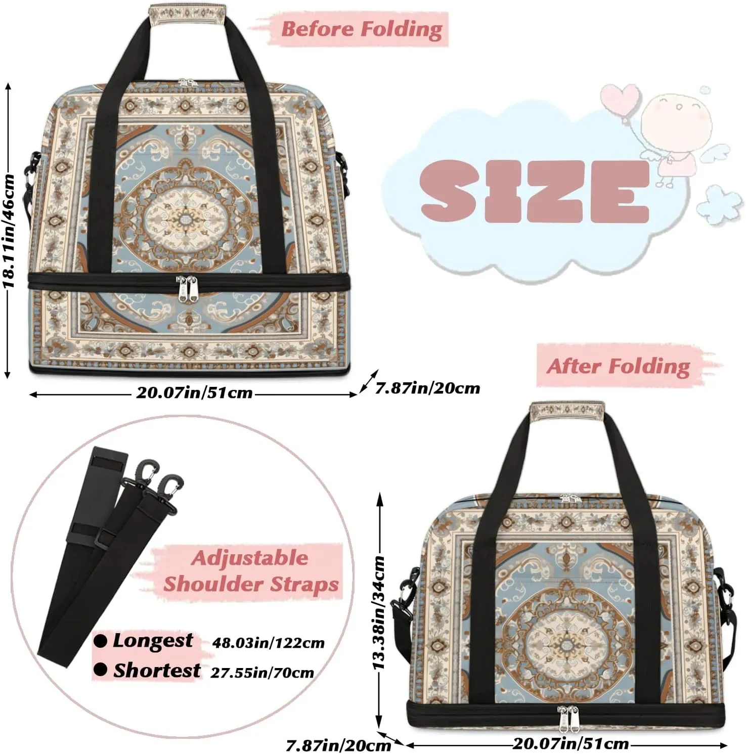 Abstract Prints Boho Flora Travel Duffle Bag, Collapsible Travel Bag Sports Gym Bag With Shoes Compartment Weekender Bag Overnight Bag For Women Men
