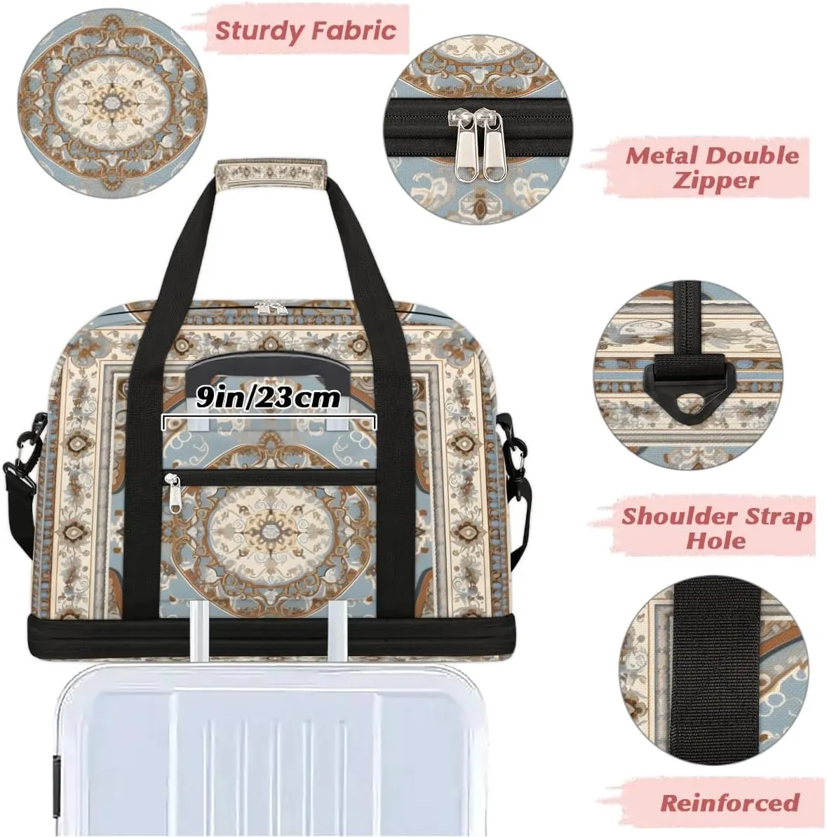 Abstract Prints Boho Flora Travel Duffle Bag, Collapsible Travel Bag Sports Gym Bag With Shoes Compartment Weekender Bag Overnight Bag For Women Men