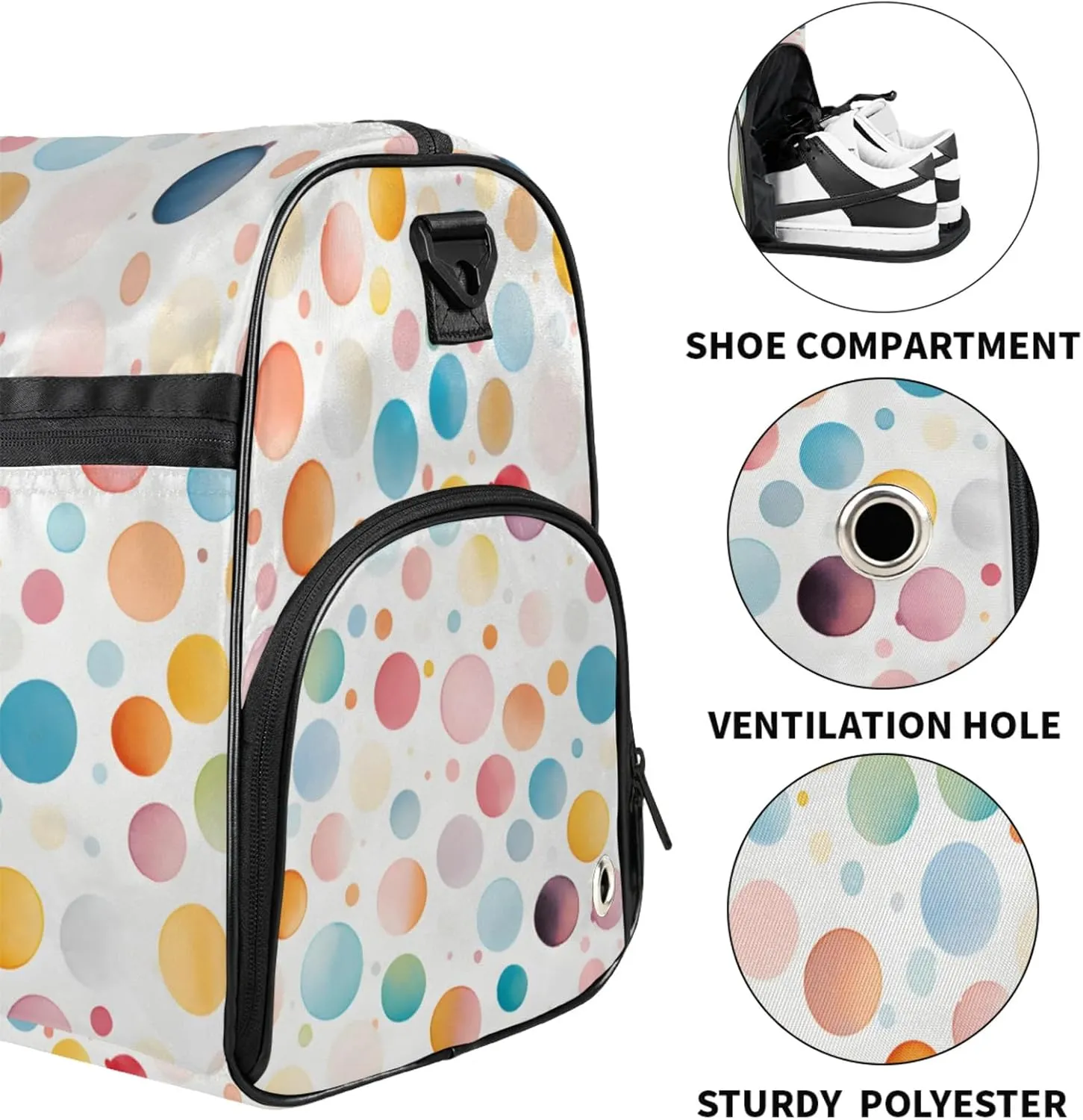 Abstrakt 43L Gym Duffle Bag for men with Shoe Compartment, Polka Dots Overnight Weekender Bag for Women with Shoulder Strap, Ideal for Travel, Gym, Sports