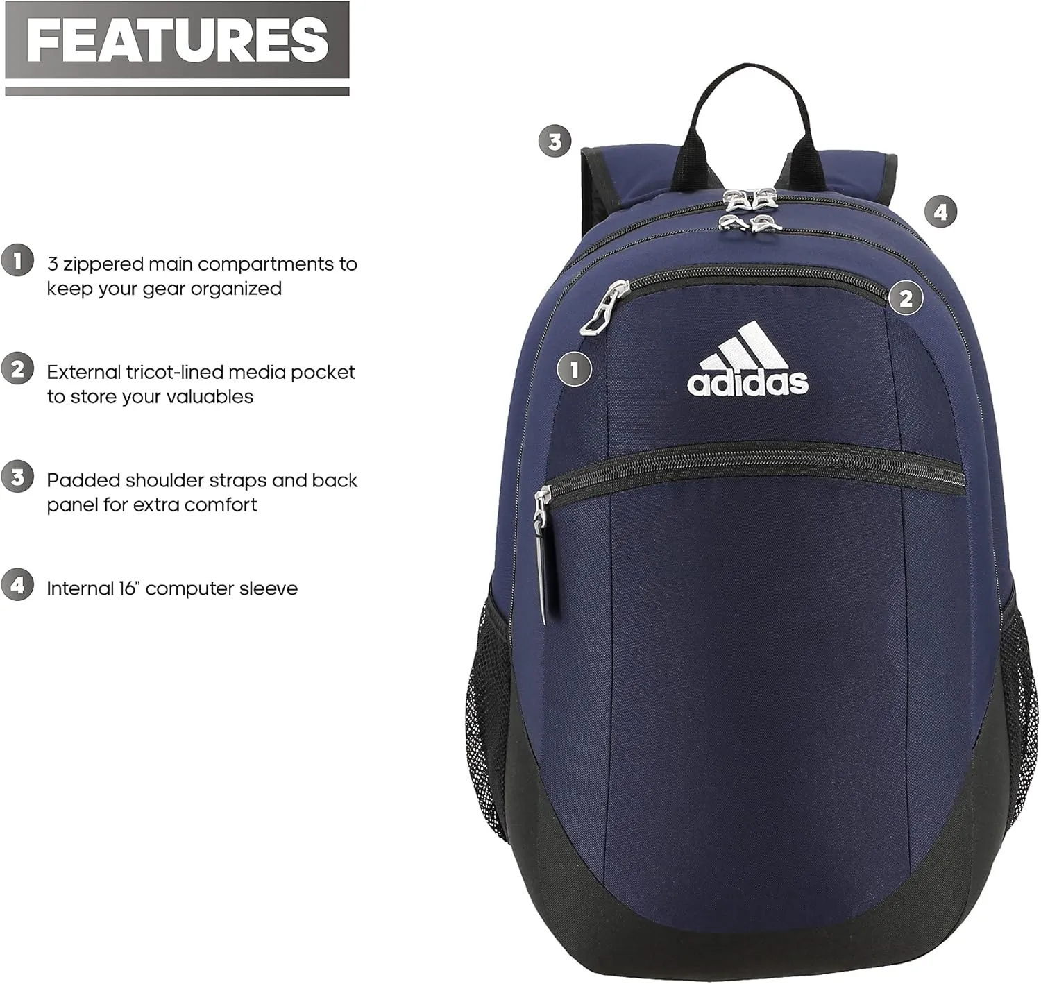 adidas Striker Sports Backpack for Soccer and More, Workout Bag for Men and Women, Team Navy Blue/Black/White, One Size
