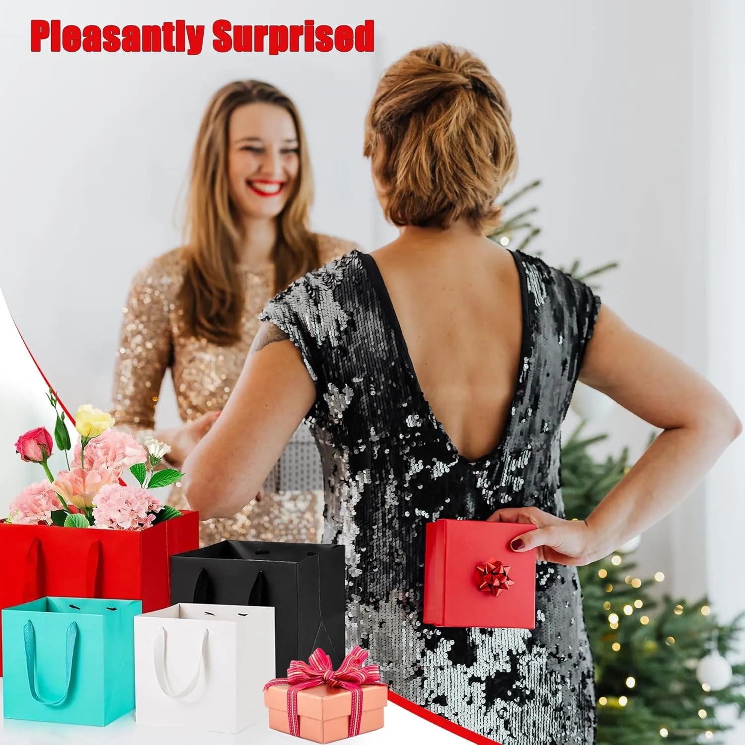 ADIDO EVA Silver Square Gift Bags Small Size Square Bottom Paper Bags with Handles for Party Favor, Shopping Bags (8x8x8 In, 20 CT)