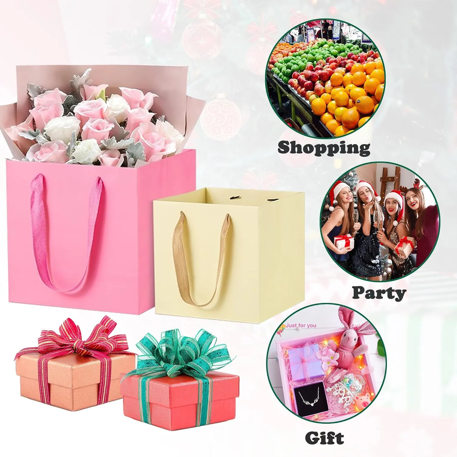 ADIDO EVA Silver Square Gift Bags Small Size Square Bottom Paper Bags with Handles for Party Favor, Shopping Bags (8x8x8 In, 20 CT)