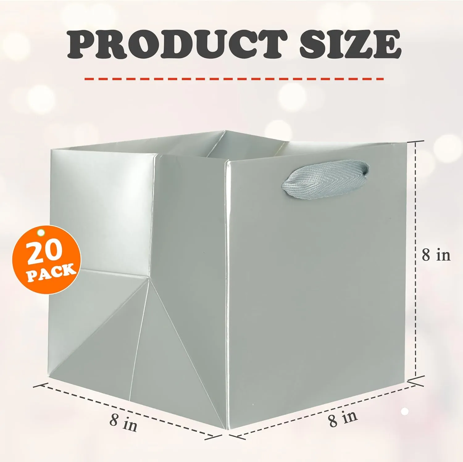 ADIDO EVA Silver Square Gift Bags Small Size Square Bottom Paper Bags with Handles for Party Favor, Shopping Bags (8x8x8 In, 20 CT)