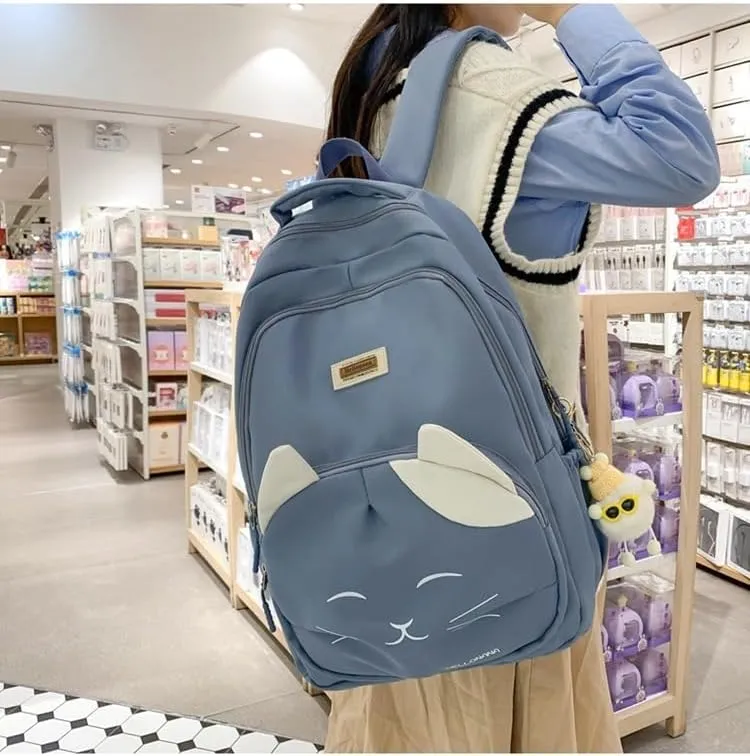 Aesthetic Backpack for Teens and Adults. Cute Cat Face Daypack Large Big Capacity Backpack with Accessories. (Blue)
