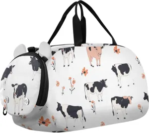 Aesthetic Cow White Duffel Gym Bags with Shoes Compartment Large Capacity Sports Bag Travel Tote for School Practice, Sports, Travel