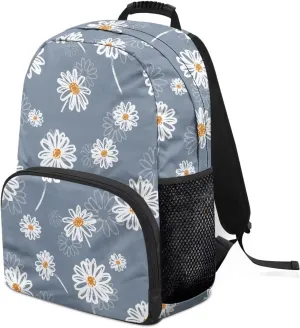 Aesthetic Daisy Print Blue Durable Fully Printed School Backpack - Waterproof Bagpack with Two Side Mesh Pockets & Comfortable Shoulder Straps for High School College (17.3x12.2x5.9in)