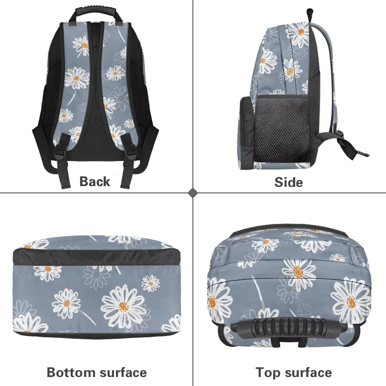 Aesthetic Daisy Print Blue Durable Fully Printed School Backpack - Waterproof Bagpack with Two Side Mesh Pockets & Comfortable Shoulder Straps for High School College (17.3x12.2x5.9in)