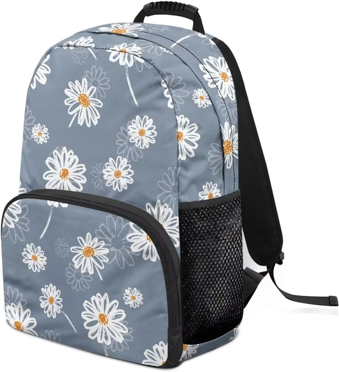 Aesthetic Daisy Print Blue Durable Fully Printed School Backpack - Waterproof Bagpack with Two Side Mesh Pockets & Comfortable Shoulder Straps for High School College (17.3x12.2x5.9in)