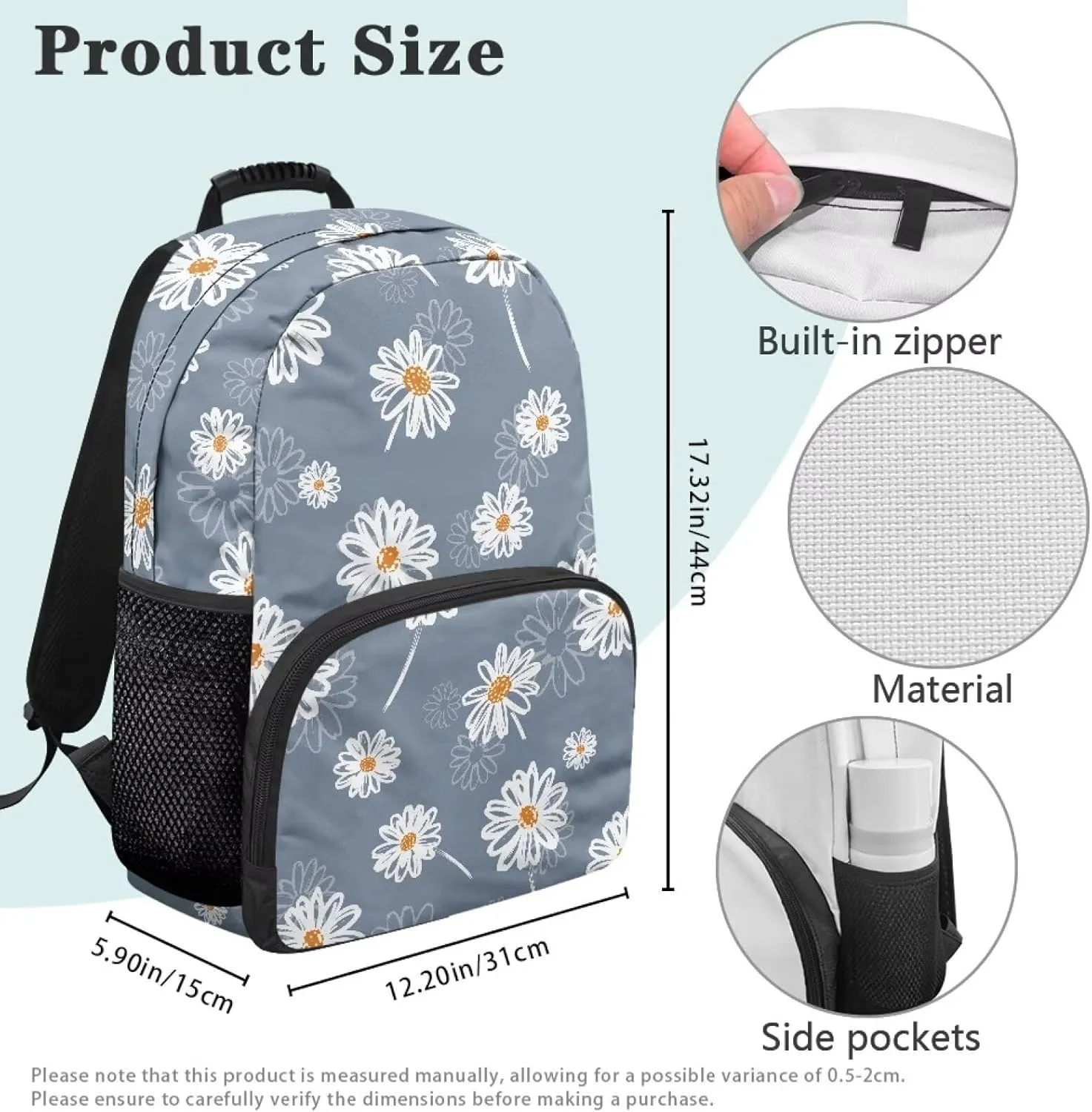 Aesthetic Daisy Print Blue Durable Fully Printed School Backpack - Waterproof Bagpack with Two Side Mesh Pockets & Comfortable Shoulder Straps for High School College (17.3x12.2x5.9in)