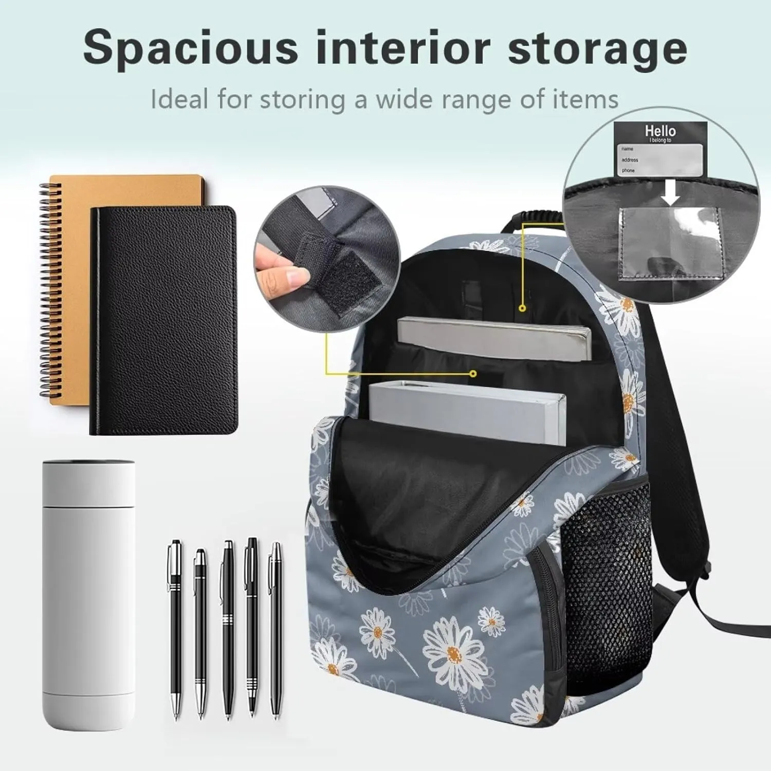 Aesthetic Daisy Print Blue Durable Fully Printed School Backpack - Waterproof Bagpack with Two Side Mesh Pockets & Comfortable Shoulder Straps for High School College (17.3x12.2x5.9in)