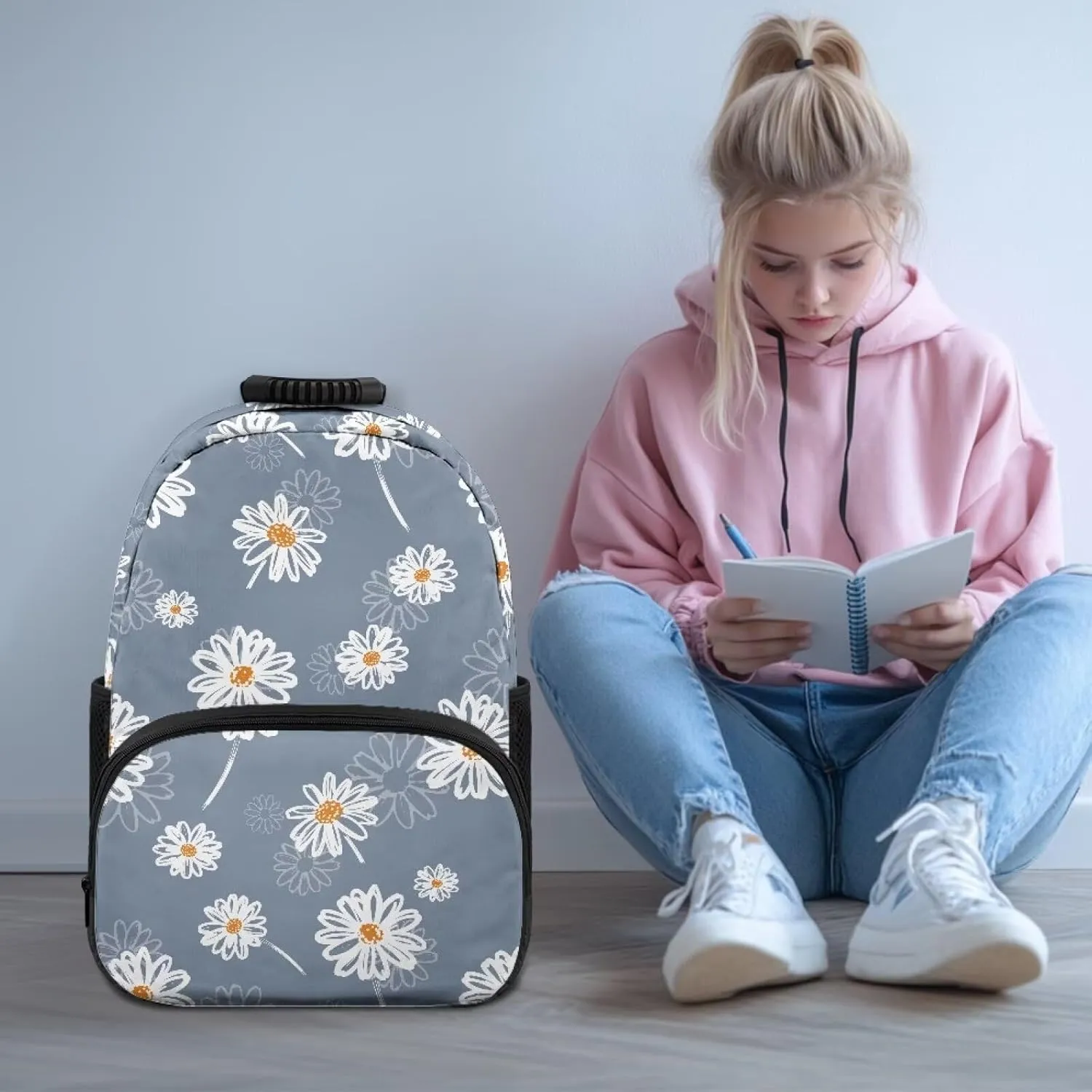 Aesthetic Daisy Print Blue Durable Fully Printed School Backpack - Waterproof Bagpack with Two Side Mesh Pockets & Comfortable Shoulder Straps for High School College (17.3x12.2x5.9in)