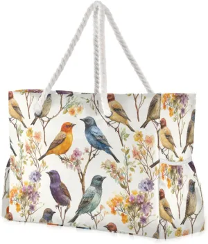 Aesthetic European Starling Birds White Sandproof Duffel Bags For Traveling with side pocketes Work Tote Bags for beach&school&work