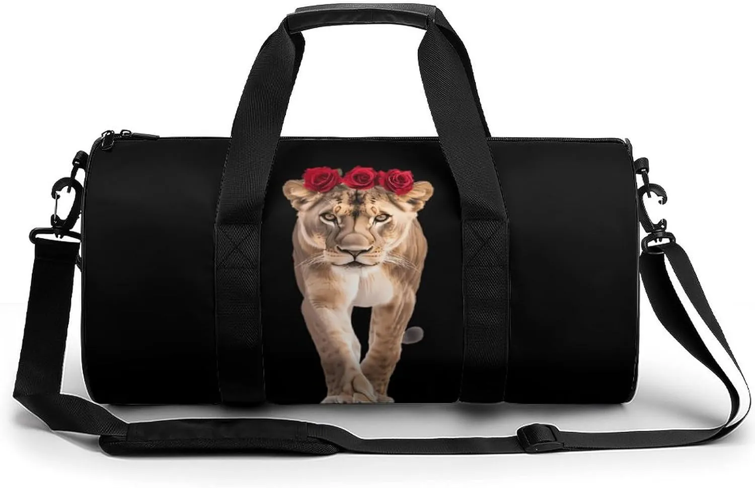 African Lioness with Rose Unisex Gym Bag Travel Duffel Bags Overnight Sport Tote with Compartment for Weekender Vacation