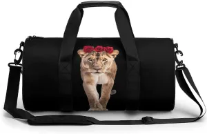 African Lioness with Rose Unisex Gym Bag Travel Duffel Bags Overnight Sport Tote with Compartment for Weekender Vacation