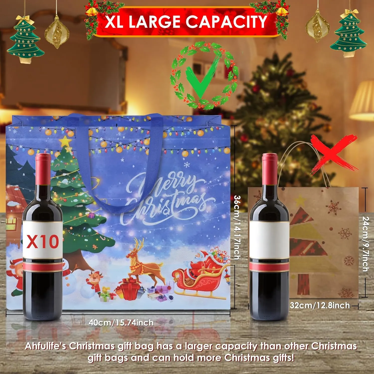 AhfuLife 18PCS Extra Large Bags, 15.7'' x 14.2'' x 5.9'', Reusable Non-woven Christmas Tote Bags with Handles for New Year and Xmas Party Supplies Decorations