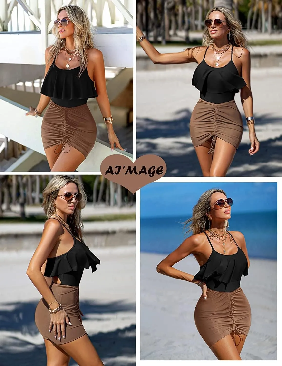 AI'MAGE 2 Pieces Women Beach Sheer Cover Ups Mesh Bikini Wrap Ruched Skirt for Swimwear S-XXL