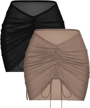 AI'MAGE 2 Pieces Women Beach Sheer Cover Ups Mesh Bikini Wrap Ruched Skirt for Swimwear S-XXL