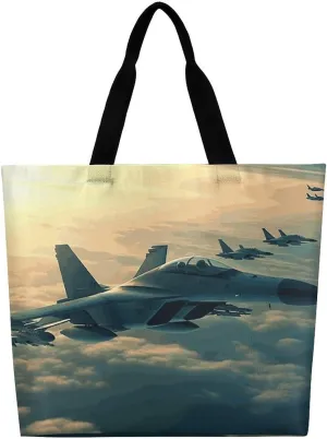Aircraft Fighter Jets Tote Bag Large Reusable Grocery Bag Fasion Handbag Women Casual Shoulder Bag for Office Shopping Travel