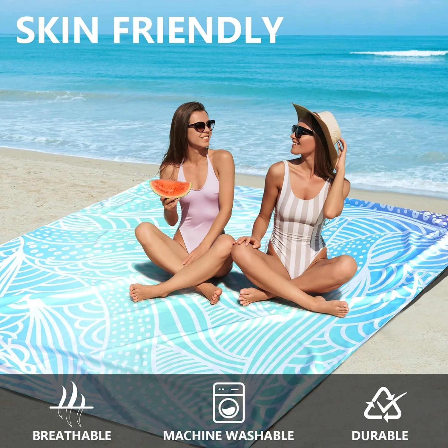 AISPARKY Beach Blanket Waterproof Sandproof Lightweight Durable Compact Sand Free Beach Mat 108”x 120” for 1-8 Adults for Festival Travel Camping Picnic Blanket (L GCBlue-Ripple)