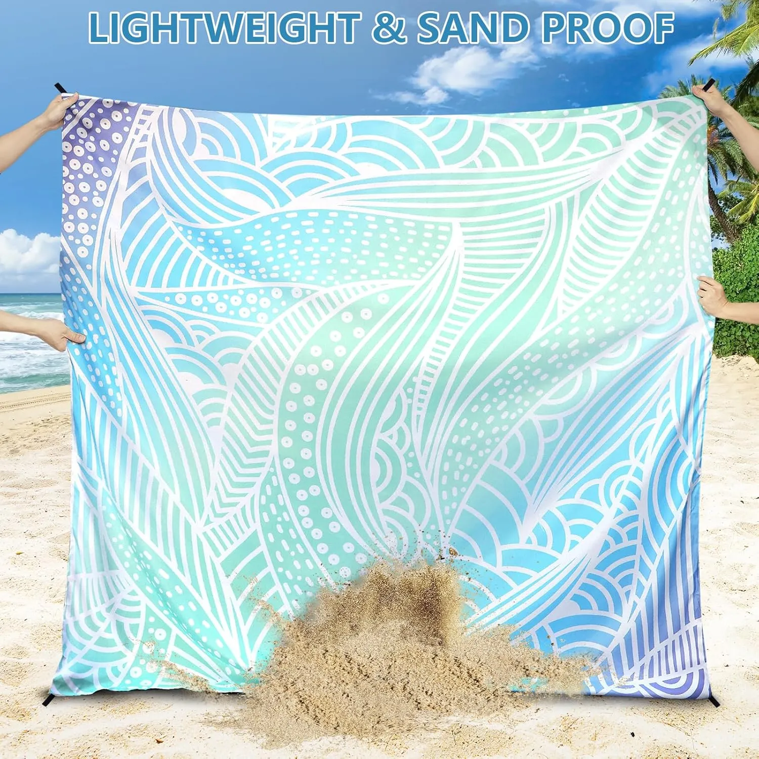 AISPARKY Beach Blanket Waterproof Sandproof Lightweight Durable Compact Sand Free Beach Mat 108”x 120” for 1-8 Adults for Festival Travel Camping Picnic Blanket (L GCBlue-Ripple)