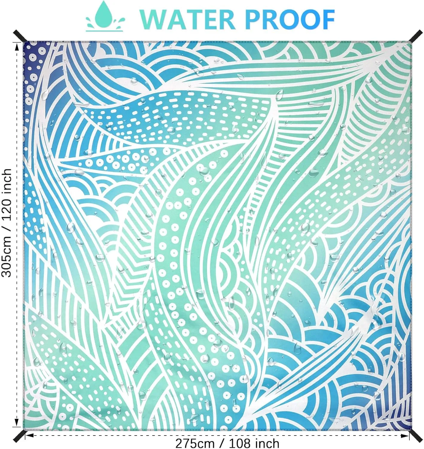 AISPARKY Beach Blanket Waterproof Sandproof Lightweight Durable Compact Sand Free Beach Mat 108”x 120” for 1-8 Adults for Festival Travel Camping Picnic Blanket (L GCBlue-Ripple)