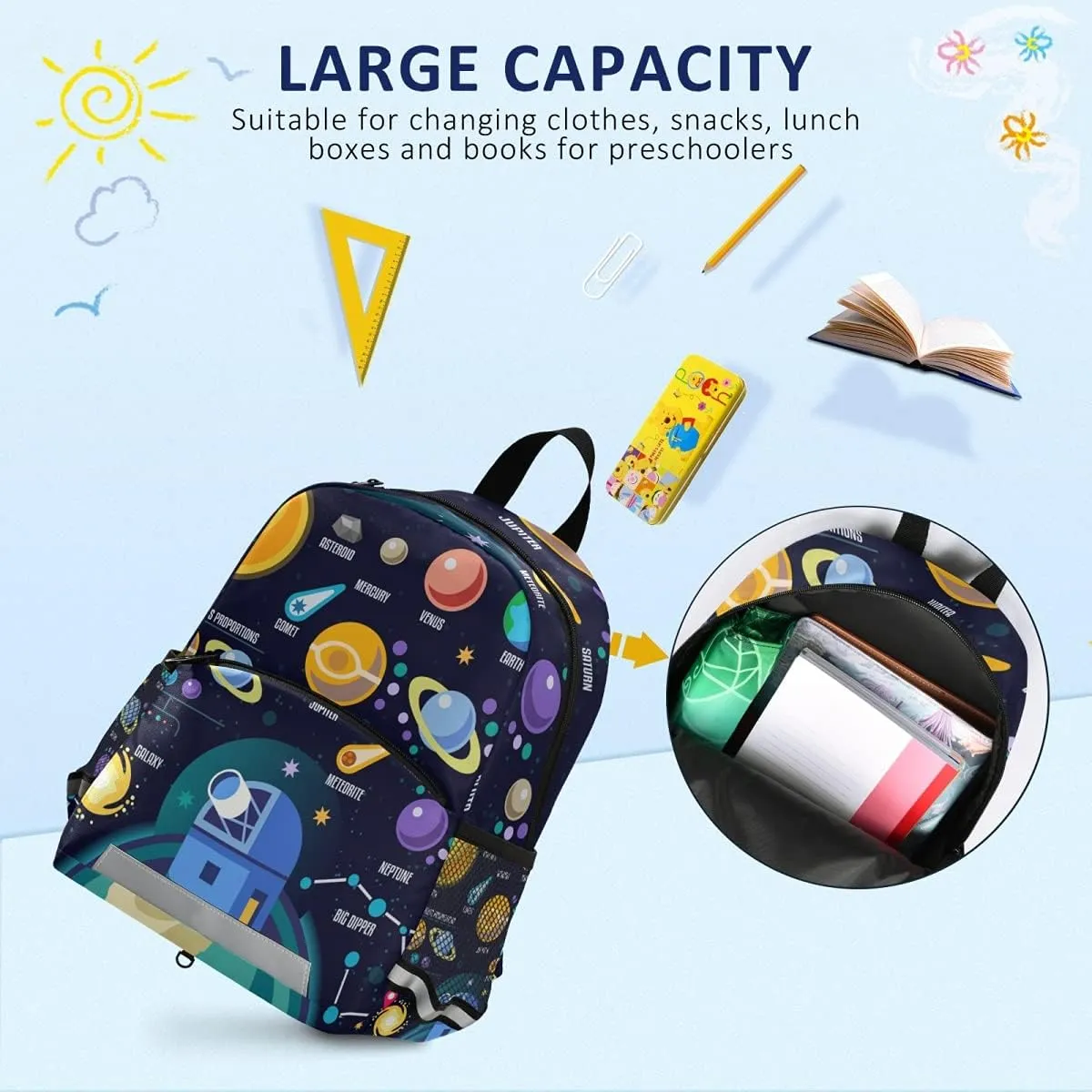 ALAZA Kid's Toddler Backpack for Boys Girls,Universe Infographics Solar System Planets Preschool Bag Nursery Travel Bag Daycare Bag Kindergarten Children Bag with Safety Leash