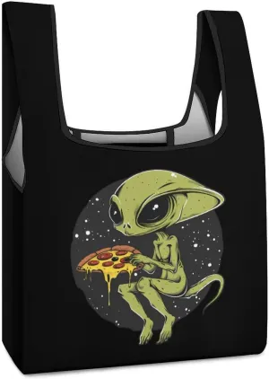 Alien Eating Pizza Shopping Bag Reusable Grocery Tote Bag Foldable Handbag with Handle for Travel Picnic