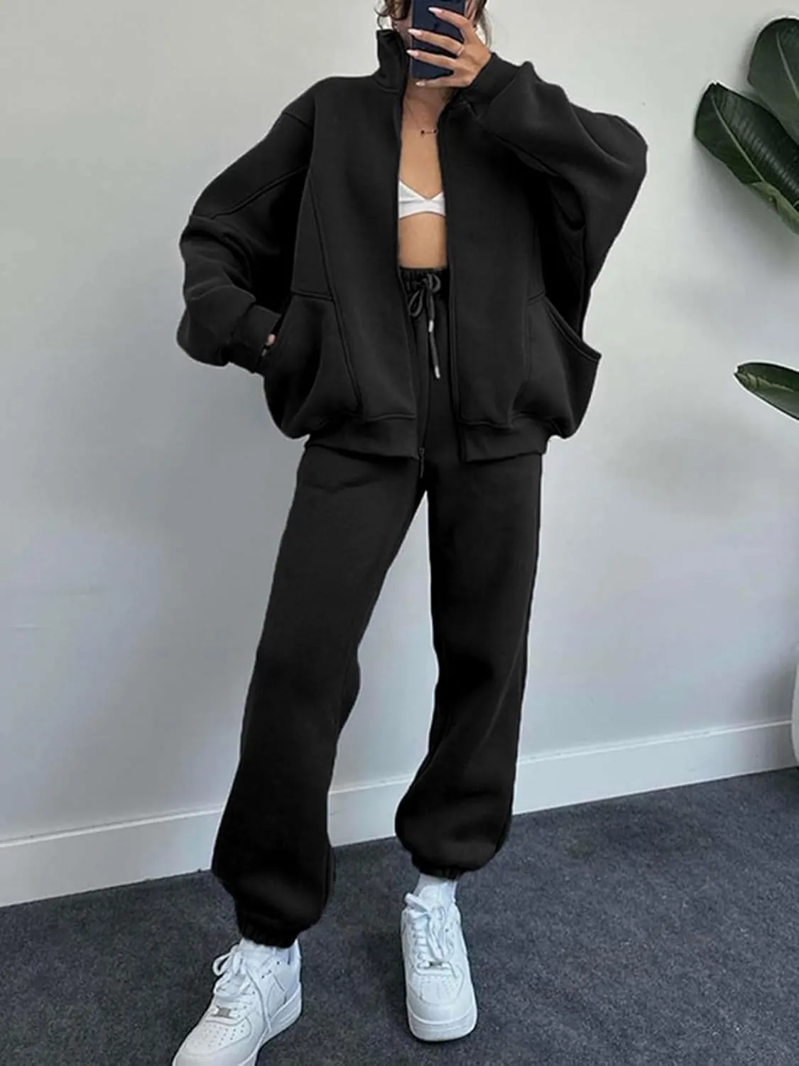 Alunzoem Sweatsuits for Women Set 2 Piece Outfits Long Sleeve Zip Up Jacket Oversized Sweatshirt Jogger Sweatpants Tracksuit