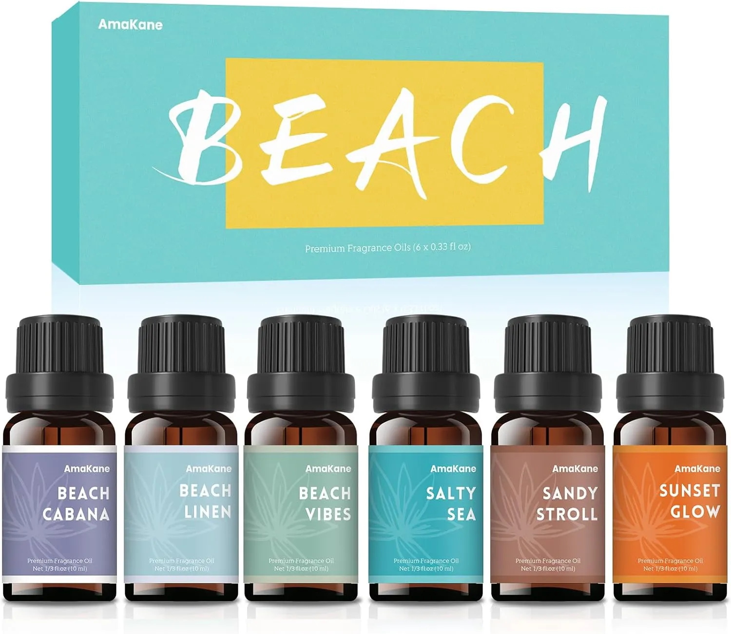 AmaKane Fragrance Oils, Beach Fragrance Oil for Candle Making, Soap Making Scents, Summer Essential Oils for Diffusers for Home 6x10 ml, Beach Linen, Salty Sea, Sunset Glow and More