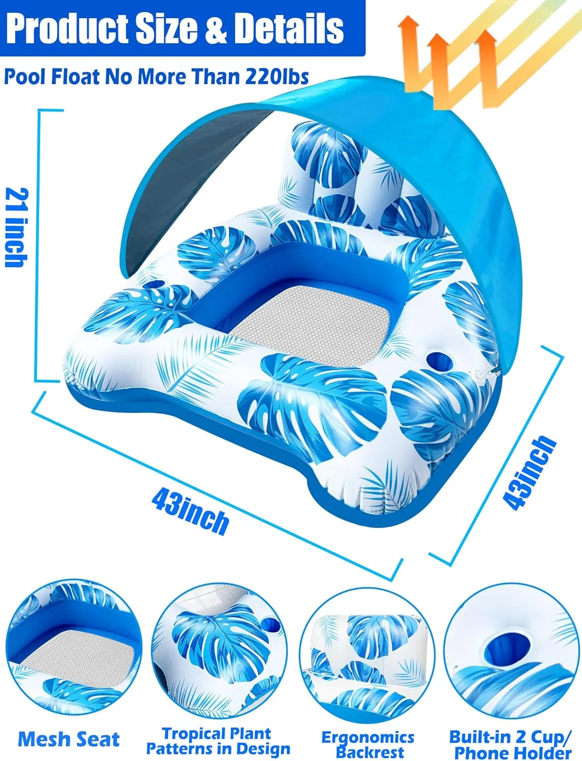 AMENON XL Pool Floats Chair, Pool Float Adult with Adjustable Canopy Mesh Seat & Backdrest, Pool Floaties for Adults Heavy Duty, Inflatable Tanning Pool Chair Lounger with 2 Cup Holder Pool Lake Beach