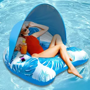 AMENON XL Pool Floats Chair, Pool Float Adult with Adjustable Canopy Mesh Seat & Backdrest, Pool Floaties for Adults Heavy Duty, Inflatable Tanning Pool Chair Lounger with 2 Cup Holder Pool Lake Beach