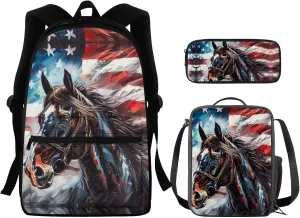 American Flag Backpack for Girls Kids Backpack Set Waterproof Lightweight School Bag Reusable Foldable Meal Bag Pen Case for Travel Outdoor Picnic