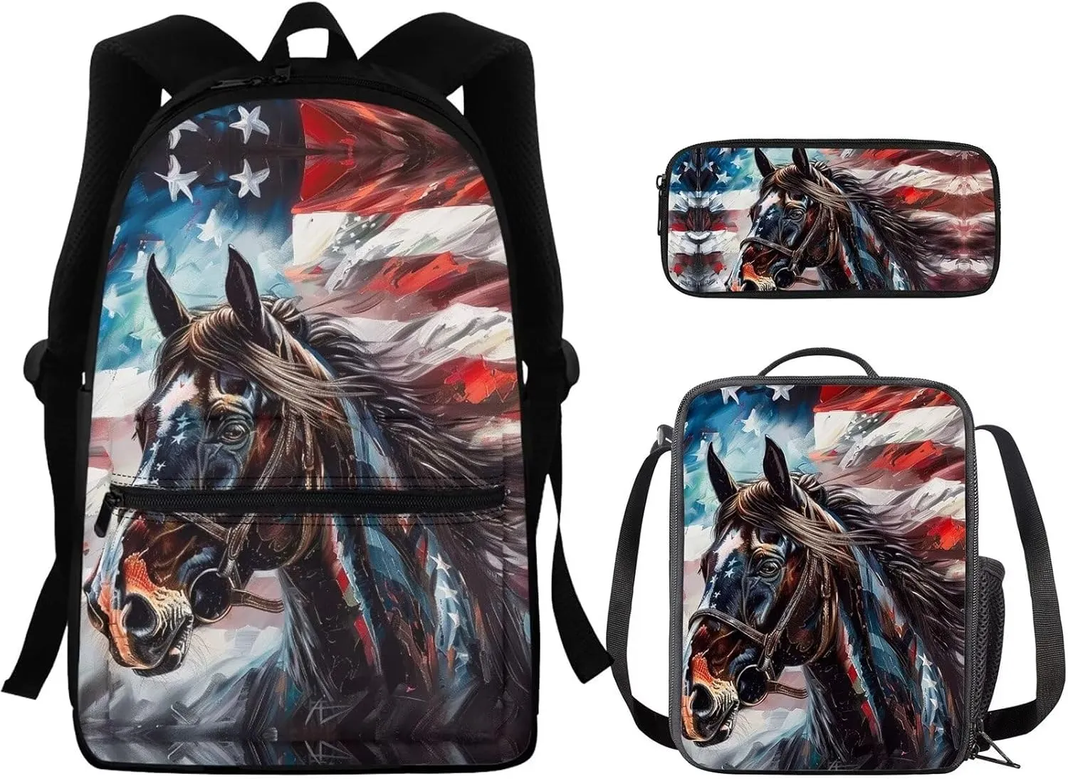 American Flag Backpack for Girls Kids Backpack Set Waterproof Lightweight School Bag Reusable Foldable Meal Bag Pen Case for Travel Outdoor Picnic