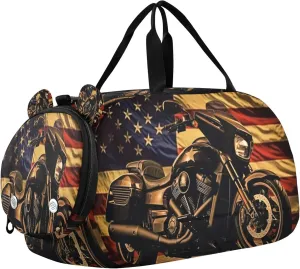 American Flag Motorcycle Youth Sports & Travel Duffle Bag with Shoe Compartment,Waterproof Gym Bag for Girls and Boys (Overnight Essentials Organizer)