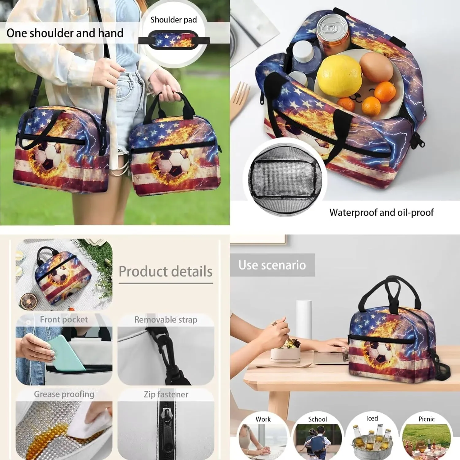 American Flag Soccer Bookbag Set for School Teens Kids Elementary School Bag Lightweight Travel Backpack Girls Lunch Bag with Shoulder Strap & Pencil Case Box & Water Bottle Holder 4 in 1