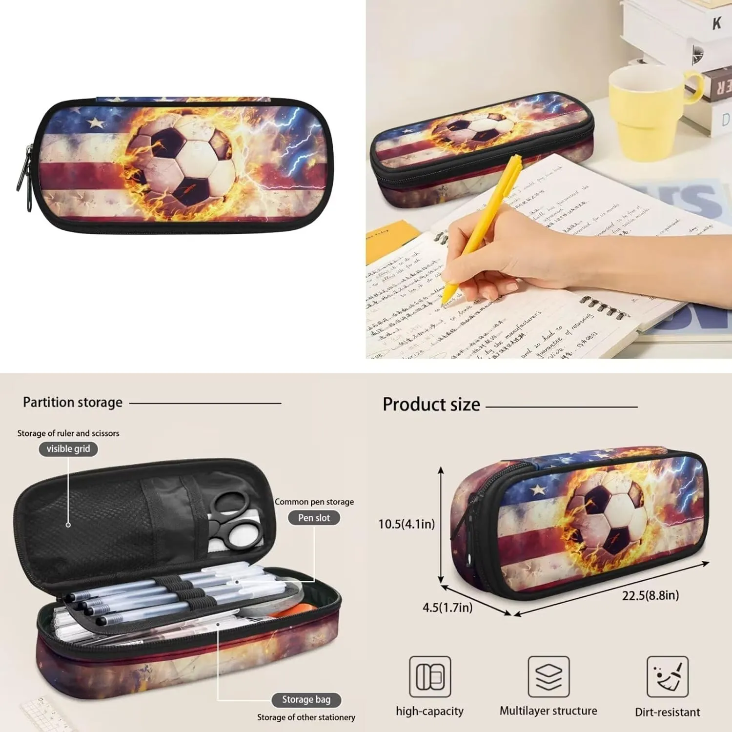 American Flag Soccer Bookbag Set for School Teens Kids Elementary School Bag Lightweight Travel Backpack Girls Lunch Bag with Shoulder Strap & Pencil Case Box & Water Bottle Holder 4 in 1