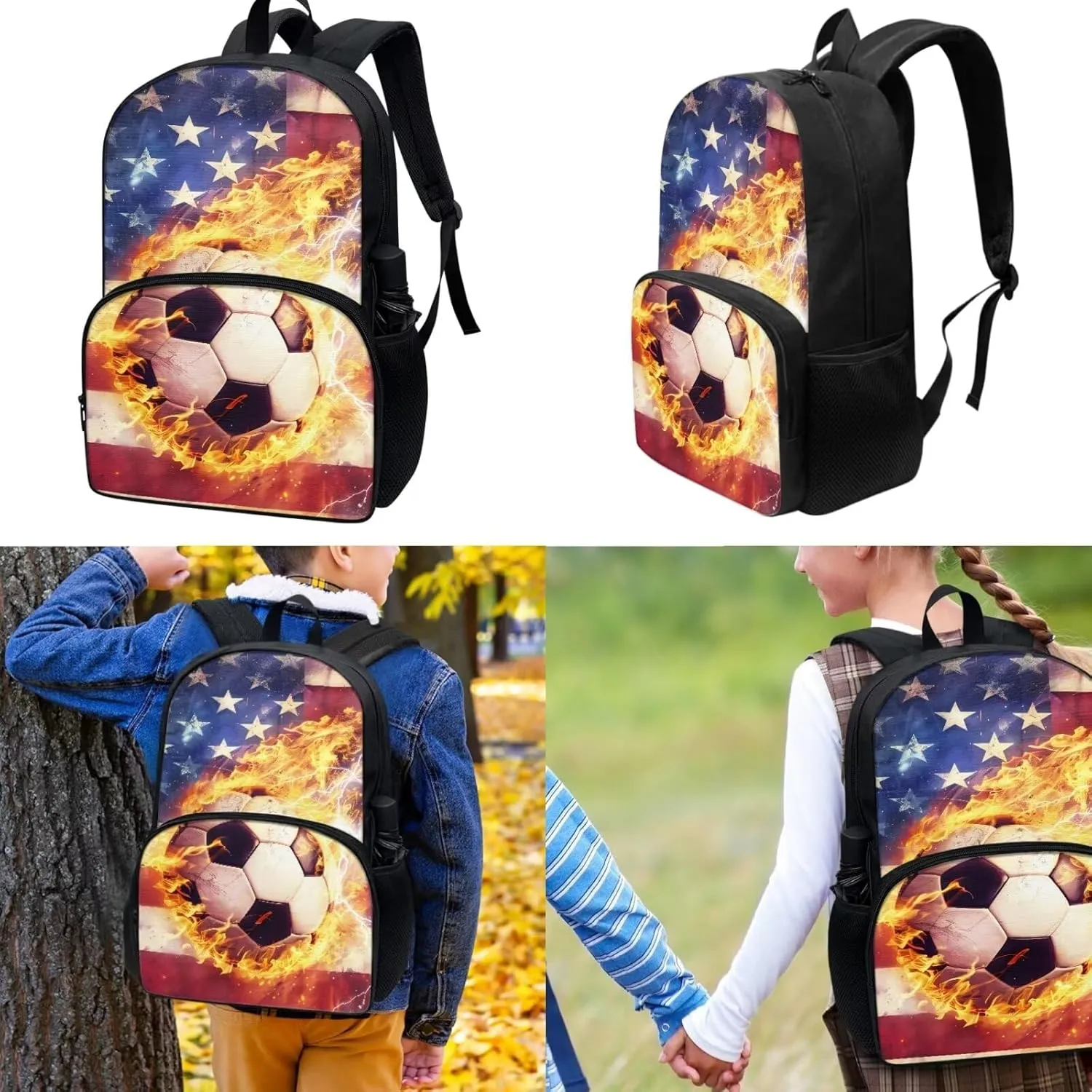 American Flag Soccer Bookbag Set for School Teens Kids Elementary School Bag Lightweight Travel Backpack Girls Lunch Bag with Shoulder Strap & Pencil Case Box & Water Bottle Holder 4 in 1