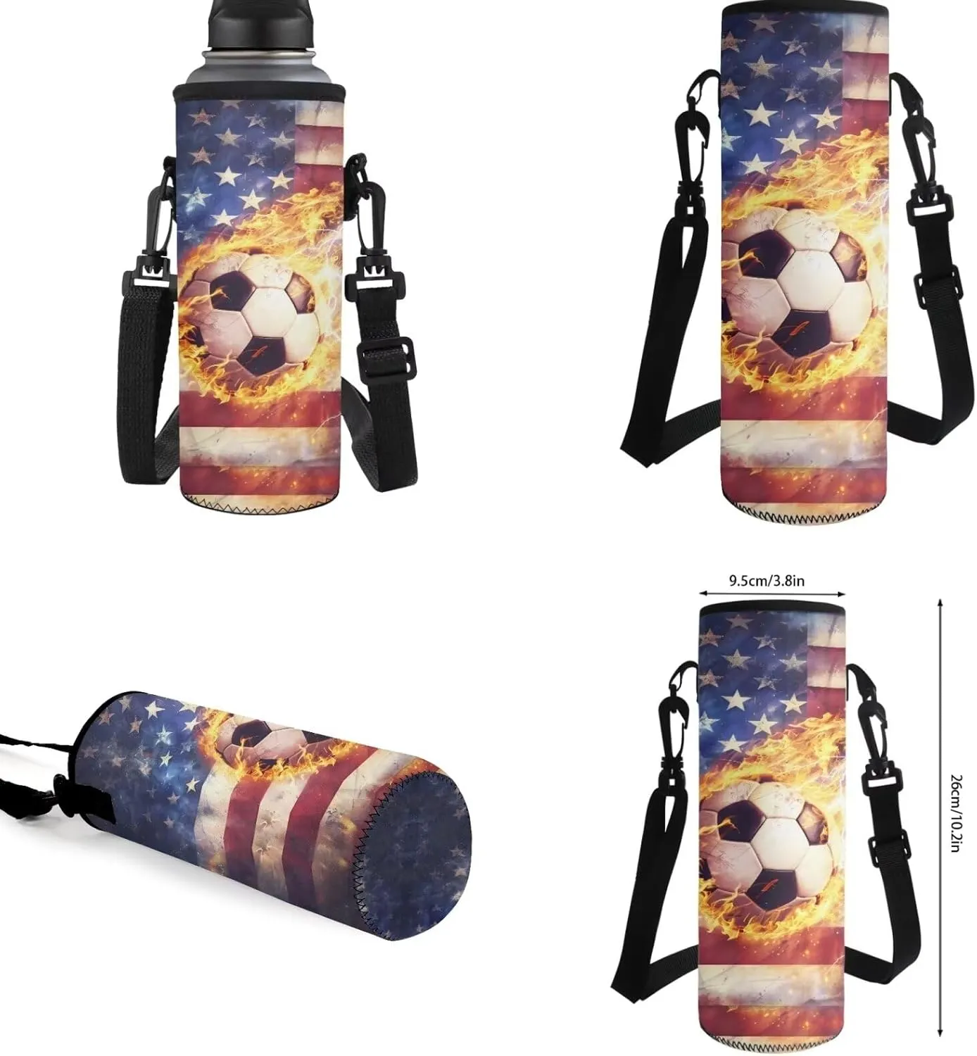 American Flag Soccer Bookbag Set for School Teens Kids Elementary School Bag Lightweight Travel Backpack Girls Lunch Bag with Shoulder Strap & Pencil Case Box & Water Bottle Holder 4 in 1