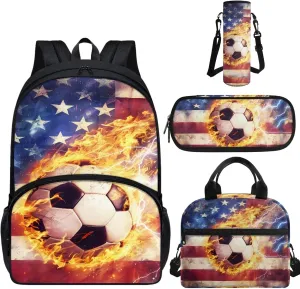 American Flag Soccer Bookbag Set for School Teens Kids Elementary School Bag Lightweight Travel Backpack Girls Lunch Bag with Shoulder Strap & Pencil Case Box & Water Bottle Holder 4 in 1