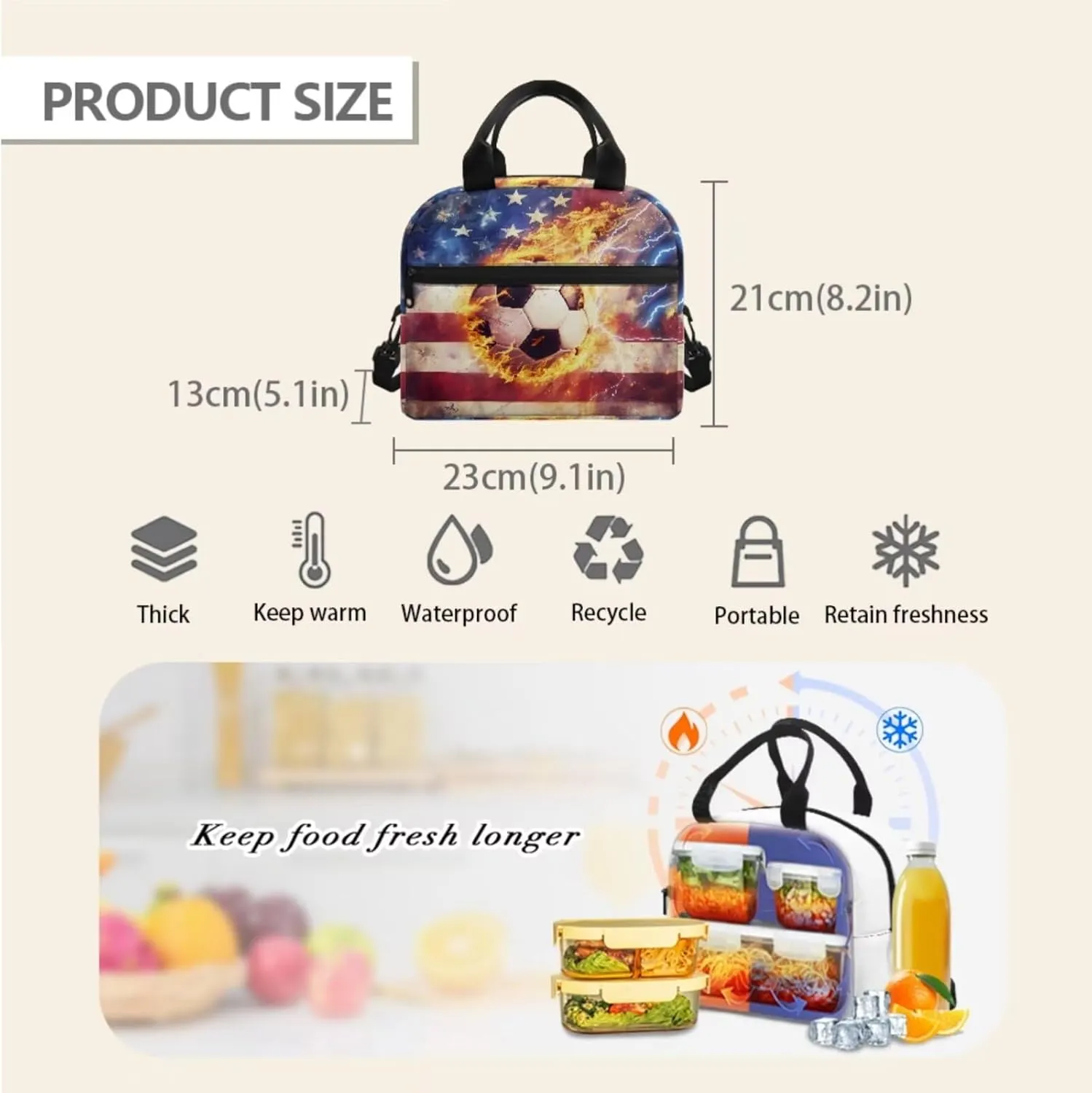 American Flag Soccer Bookbag Set for School Teens Kids Elementary School Bag Lightweight Travel Backpack Girls Lunch Bag with Shoulder Strap & Pencil Case Box & Water Bottle Holder 4 in 1
