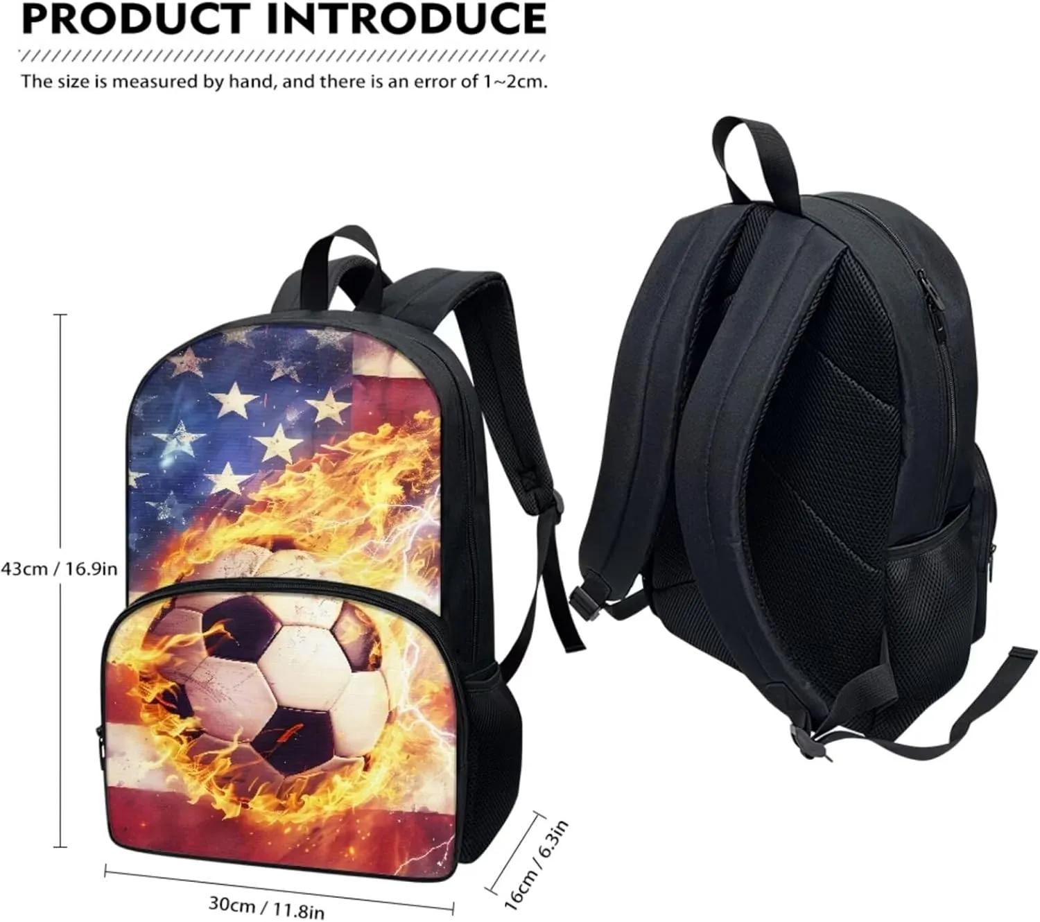 American Flag Soccer Bookbag Set for School Teens Kids Elementary School Bag Lightweight Travel Backpack Girls Lunch Bag with Shoulder Strap & Pencil Case Box & Water Bottle Holder 4 in 1