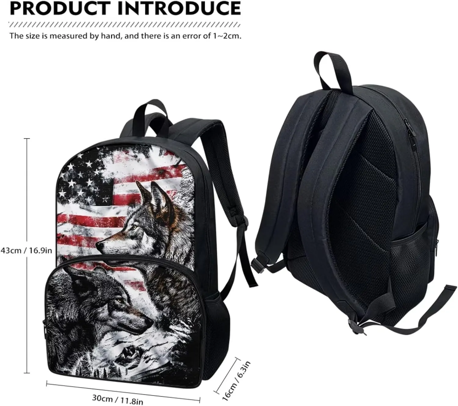 American Flag Wolf School Backpack for Boys with Lunch Box and Water Bottle Holder Pencil Case School Bag Set Teen Kids Lightweight Bookbag Daypack for School Girls 2nd 3rd 4th 5th 6th Grade