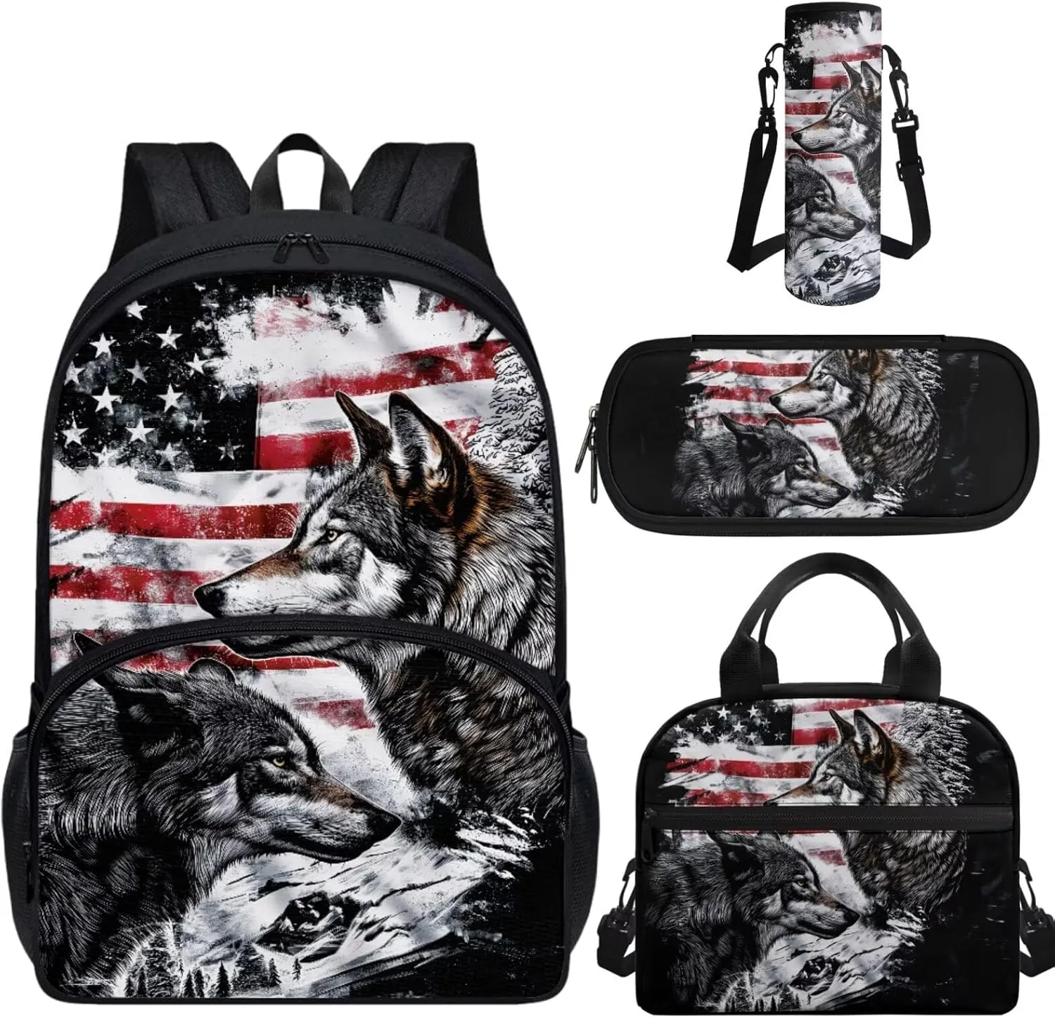 American Flag Wolf School Backpack for Boys with Lunch Box and Water Bottle Holder Pencil Case School Bag Set Teen Kids Lightweight Bookbag Daypack for School Girls 2nd 3rd 4th 5th 6th Grade