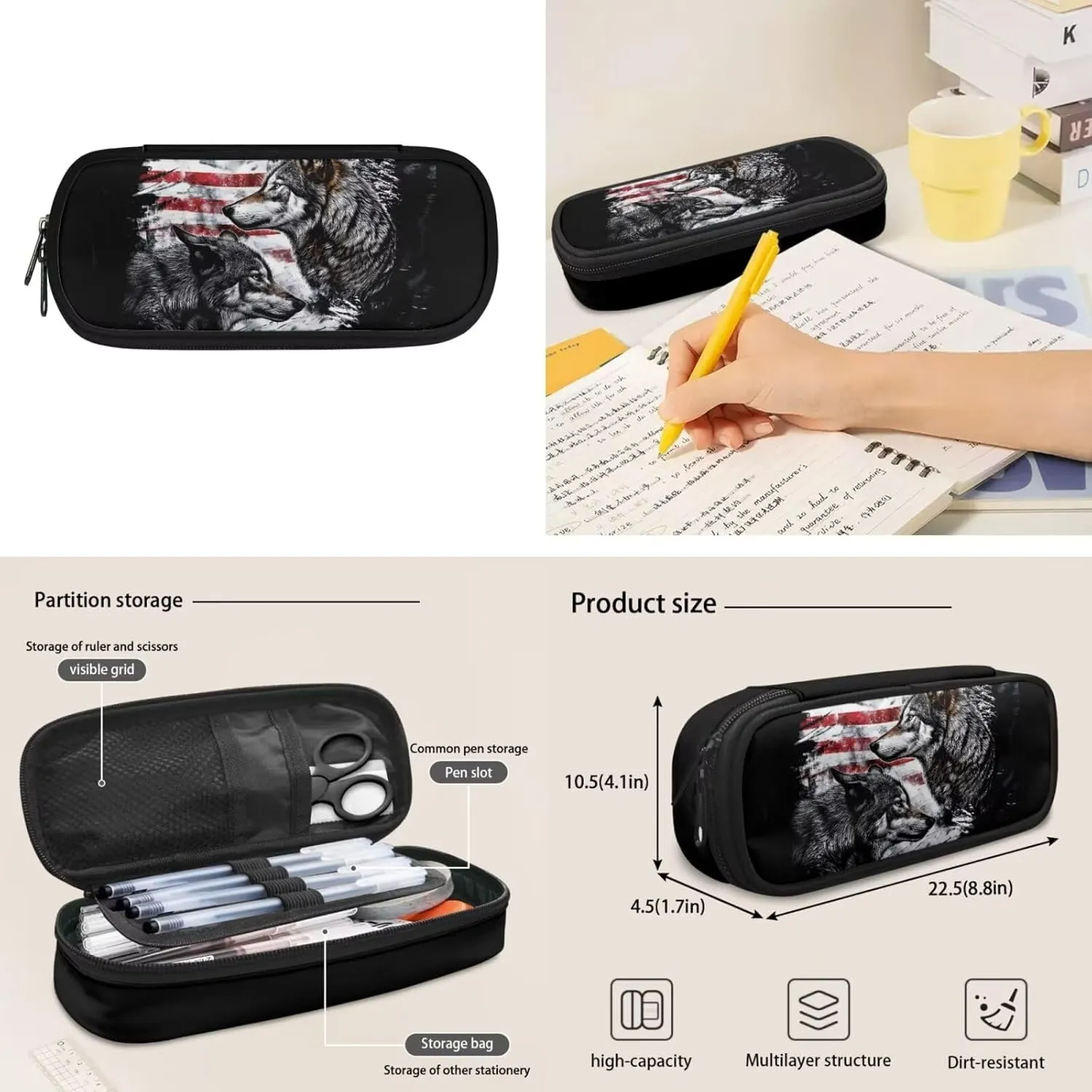 American Flag Wolf School Backpack for Boys with Lunch Box and Water Bottle Holder Pencil Case School Bag Set Teen Kids Lightweight Bookbag Daypack for School Girls 2nd 3rd 4th 5th 6th Grade
