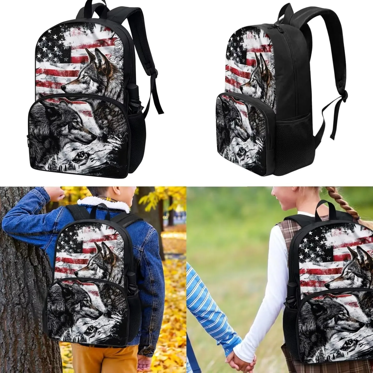 American Flag Wolf School Backpack for Boys with Lunch Box and Water Bottle Holder Pencil Case School Bag Set Teen Kids Lightweight Bookbag Daypack for School Girls 2nd 3rd 4th 5th 6th Grade