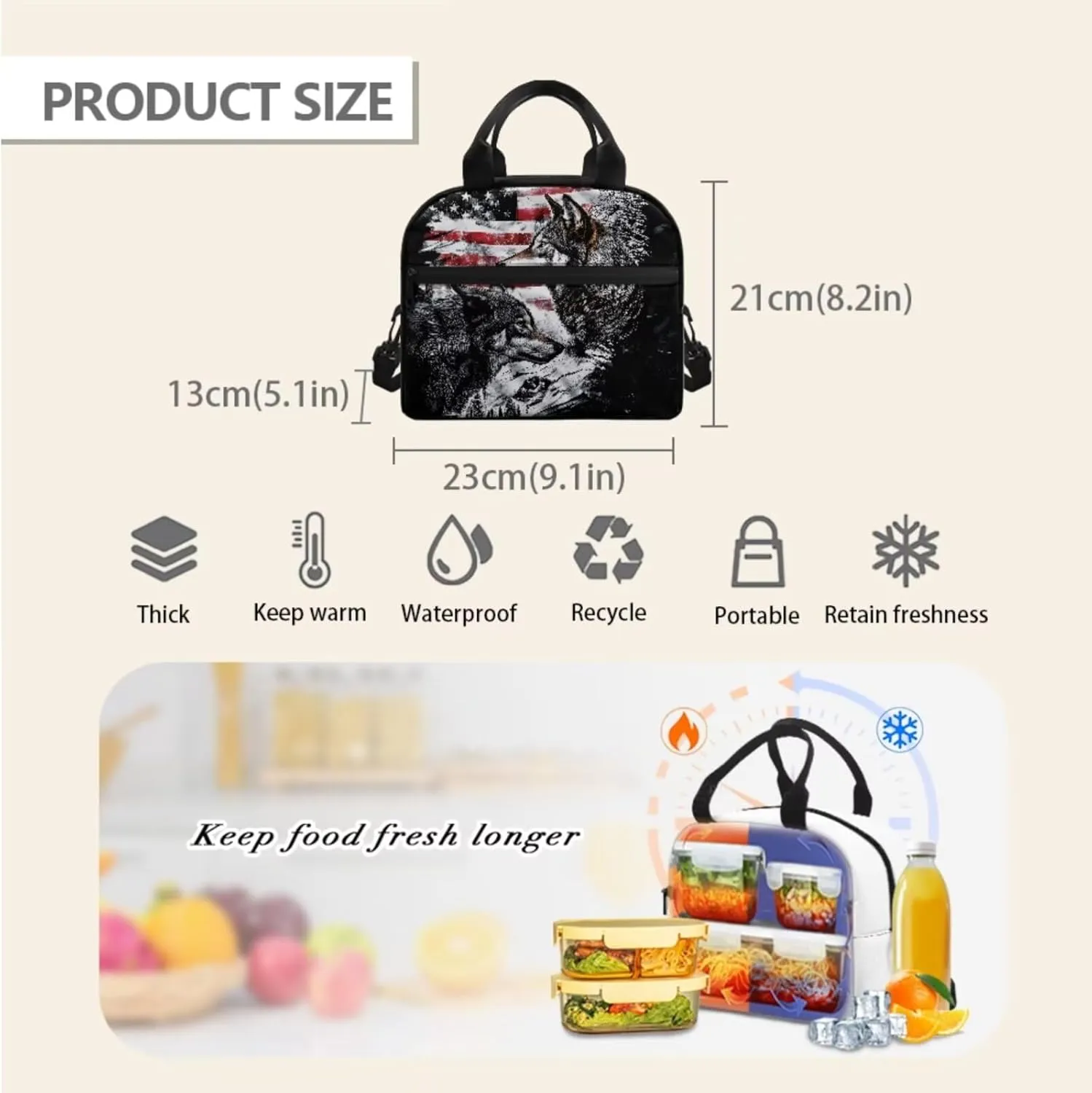 American Flag Wolf School Backpack for Boys with Lunch Box and Water Bottle Holder Pencil Case School Bag Set Teen Kids Lightweight Bookbag Daypack for School Girls 2nd 3rd 4th 5th 6th Grade