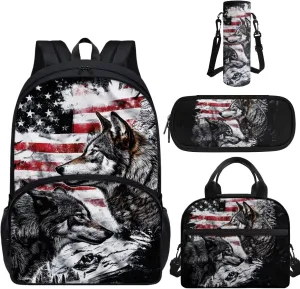 American Flag Wolf School Backpack for Boys with Lunch Box and Water Bottle Holder Pencil Case School Bag Set Teen Kids Lightweight Bookbag Daypack for School Girls 2nd 3rd 4th 5th 6th Grade