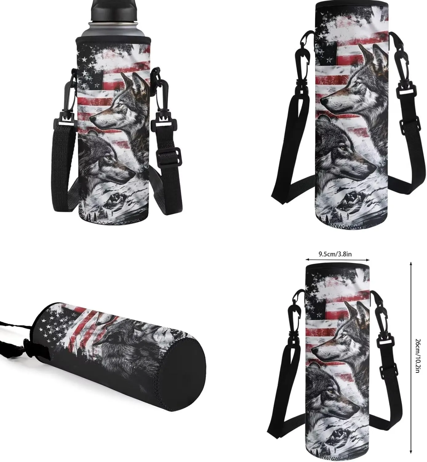 American Flag Wolf School Backpack for Boys with Lunch Box and Water Bottle Holder Pencil Case School Bag Set Teen Kids Lightweight Bookbag Daypack for School Girls 2nd 3rd 4th 5th 6th Grade