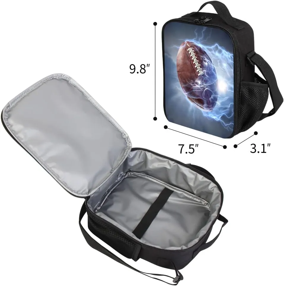 American Football 3D Print Portable Lunch Bag with shoulder strap, Reusable Insulated Lunch Box Cooler Bag for Kids Boys